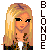 A 3x3 contact sheet of pixel art frames showing a blonde woman with long hair, dark eyeliner, and a white top under a patterned jacket, displayed in various animation states with vertical "BLONDE" text on the right side.