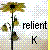Pixelated static icon featuring a stylized flower with green and brown petals, black stem, and small buds against a checkered background with scattered colored pixels, alongside the text "relient" and a lowercase "k".