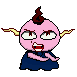 Pixelated pink character with brown mohawk, yellow horns, and blue outfit in three distinct poses showing facial expressions and body positions.