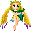 Pixelated character with long yellow hair, green headpiece, blue eyes, and green-and-blue harp, in four poses with varying arm positions.