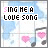 Pixelated icon with 'SING ME A LOVE SONG' text, pink hearts, and musical notes on a light blue background