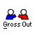Pixelated figures in blue and red shirts interact with speech bubbles containing text, set against a gray background.