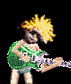 Animated sequence of a cartoon character with spiky yellow hair playing a green electric guitar against a black background.