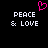Pixelated black background with white text 'PEACE & LOVE' and a pink heart symbol above the left instance of the phrase.