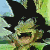 Pixelated character with spiky black hair and green aura, mouth open in a shout, against a blue sky and green landscape background.