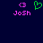 Pixelated icon with dark blue background, pink text 'Josh', and a green heart symbol between two identical left-facing brackets.