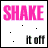 A 4x4 contact sheet of animated frames showing the word "SHAKE" in various colors with small black dots and "it off" text below, each frame displaying a different color variation.