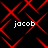 Red geometric lattice pattern with four instances of the text 'jacob' in white pixelated font on a black background.