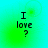A four- of pixelated text 'I love?' on a cyan-green gradient background with subtle circular light effects