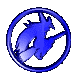 Blue circular icon with stylized winged figure in motion, displayed in multiple orientations showing rotation and perspective changes.