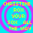 Yellow text on cyan background with purple concentric circles, four identical copies arranged in a