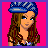 Pixel art contact sheet showing a female character in four frames with blue beret, long brown hair, black and white patterned top, gray pants, and blue handbag against pink background.