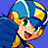 Pixel art of Mega Man X with blue helmet and yellow accents, smiling against a solid blue background.