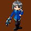 Pixel art character in blue and black outfits with silver hair, holding a sword, transitioning between poses on brown and black backgrounds.