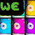 Pixelated of colorful square with circular symbols, displaying partial text fragments 'WE', 'LOVE', and 'NVERS' in bold block letters