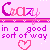 Pixelated pink and purple text 'Crazy' with heart symbols, repeated in a pattern on a light pink background