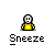 A 4x4 contact sheet of a pixel art animated icon showing a yellow stick figure sneezing with green particle effects, displayed on a gray background.