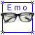 Four identical pixelated glasses icons arranged in a , each with blue border and text labels above or below
