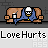 A 4x4 contact sheet of pixel art frames showing a cartoon character on a couch with changing speech bubbles and repeated "LoveHurts" text below each frame.