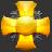 A pixelated golden cross with four equal arms on a dark, blurred background.