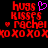 Red pixelated text 'hugs', 'kisses', 'Rachel', and 'XOXO' arranged vertically with a purple heart symbol on black background.