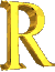 Three vertical of golden 3D letter R's on a gray background, each containing three identical R's with varying light reflections