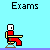 Pixel art of a red-clad figure seated at a desk under 'Exams' text, with a teacher figure appearing and text changing to 'Exa' and 'eep...' across frames.