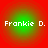 Four identical green circular icons with red outer rings display 'Frankie D.' text in white pixelated font on a solid red background.