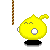 Yellow cartoon character with rounded body, small tail, and white circular eyes on gray background; black base beneath each figure.