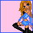 Pixel art of a female character in blue outfit and black boots, with changing text and heart symbols on pink background.