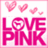 Pixelated pink icon with 'LOVE PINK' text and four heart shapes above the text on a white background.
