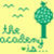 Pixelated green tree with rounded canopy, small flag on top, and text 'the academy' below against yellow background.