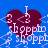 A blue background features four identical maroon hearts with white text and symbols overlaid, each heart containing 'I <3' above 'hoppin shoppin'.