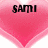 A pink heart-shaped icon with black text reading 'sami loves pigg!!!!!!' in a pixelated font, featuring layered gradient shades of pink and white.
