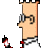 Pixelated cartoon character with exaggerated features wearing glasses and a white shirt, holding a red object against gray background.
