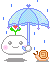 Pixel art of a smiling white cloud holding a blue umbrella over a green plant with a red flower, with a brown snail on a gray background and blue raindrops.