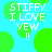 Pixelated green circles and white text on a cyan background with repeated 'STIFFY I LOVE YEW !!' phrases.