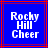 Blue square with red border containing white pixelated text "Rocky Hill Cheer" in three lines.