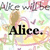 Animated icon with repeating 'Alice.' text over floral background, featuring brown-haired figure in yellow dress and green accents.