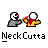 Two pixelated figures in gray and yellow clothing with red accents, one holding a red object, on a gray background with "NeckCutta" text below.