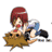 Pixelated character with red hair and blue shorts in four sequential poses holding a brown object, each frame showing slight movement of limbs and facial expression changes.
