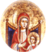 Two circular religious icons with golden halos, one depicting a figure holding a child, the other a figure with a book, both in red and blue robes against a blue background.