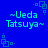 ~Ueda Tatsuya~ text in cyan pixelated font on solid blue background with repeating cyan square-dot patterns.