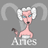 Animated contact sheet of six frames showing a cartoon woman with white curly hair, blue eyes, and ram horns in various expressions above the text 'Aries' on gray background.