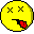 A 4-frame pixel art animation of a yellow circular character with X eyes and red mouth parts, arranged in a 2x2 contact sheet on gray background.
