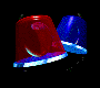 Two bell-shaped objects, one red and one blue, with a bright light effect on the red object in some frames.