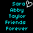Pixelated cyan text on black background with a white heart symbol above 'Sara' on the left side.