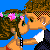 Pixelated cartoon couple kissing with text "I love you!" on blue background, part of a 2-frame contact sheet showing sequential animation frames.
