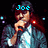 Pixelated image of a person holding a microphone with text above changing from 'Joe' to 'Loves' to 'Sharing' against a dark background with scattered light dots.