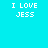 Four pixelated text display "I LOVE JESS" in white block letters on cyan, gray-green, red, and gray-green backgrounds